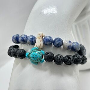 2 Stone Stretch Bracelets, Sodalite, Lava Rock, Turquoise, Turtle, Penguin
